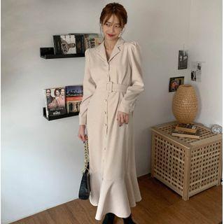 Puff Sleeve Lapel Collar Plain Shirtdress