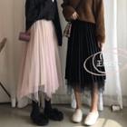 Mesh Midi A-line Skirt / Side Slit Midi Knit Skirt