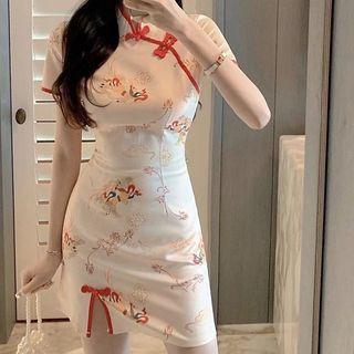 Short-sleeve Print Mini Bodycon Qipao