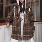 Mock Two-piece Hooded Plaid Zip Jacket Plaid - Dark Brown - One Size