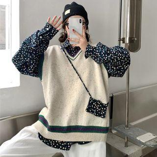 Long-sleeve Dotted Shirt / Knit Vest