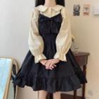 Long-sleeve Lace Trim Blouse / Bow-front A-line Pinafore Dress