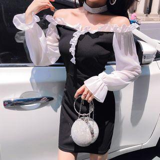 Off-shoulder Long-sleeve Mini Sheath Dress