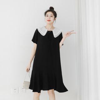 Short-sleeve Collar Mini A-line Dress Black - One Size