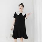 Short-sleeve Collar Mini A-line Dress Black - One Size