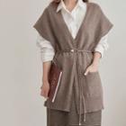 Wool Blend Long Knit Vest With Sash
