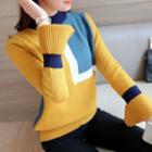 Color Block Mock Neck Bell-sleeve Sweater