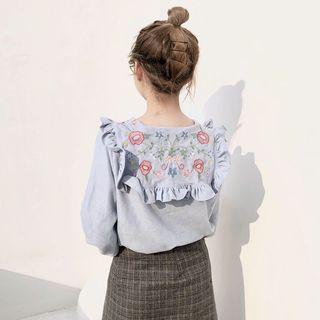 Embroidered Ruffle Long-sleeve Loose-fit Blouse