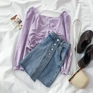Long-sleeve Crinkled Blouse / Mini A-line Denim Skirt