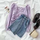 Long-sleeve Crinkled Blouse / Mini A-line Denim Skirt