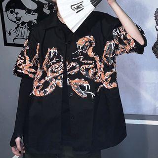 Elbow-sleeve Snake Printed Shirt Black - One Size