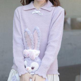Long-sleeve Bow-accent Knit Top Light Purple - One Size