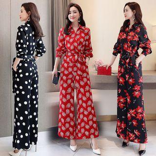 Patterned Long-sleeve Wide-leg Jumpsuit