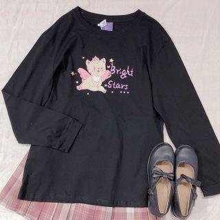 Printed Long-sleeve T-shirt / Plaid Pleated Mini A-line Skirt
