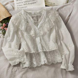 Ruffled-trim Mesh V-neck Blouse White - One Size