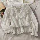 Ruffled-trim Mesh V-neck Blouse White - One Size