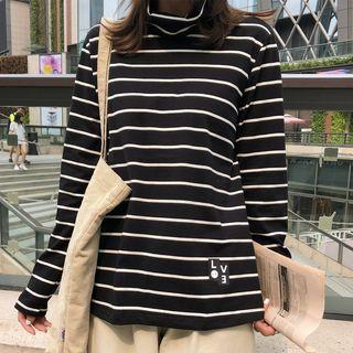 Long-sleeve Striped Mock Neck T-shirt
