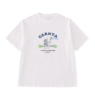 Short Sleeve Cartoon Print T-shirt White - One Size
