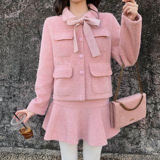 Long-sleeve Tie-neck Plain Jacket / High-waist Mermaid Skirt
