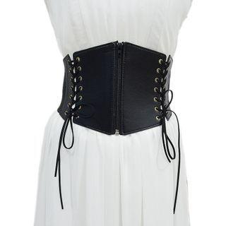 Lace Up Zipped Faux Leather Belt 01 - Black - 68 To 88cm
