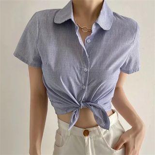 Short Sleeve Striped Crop Shirt Stripe - Blue - One Size