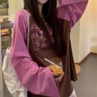 Long-sleeve Lettering Raglan-sleeve T-shirt Pink & Coffee - One Size