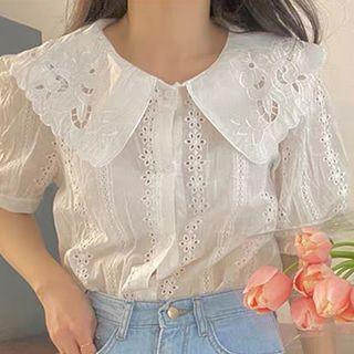 Puff-sleeve Peter Pan Collar Lace Cutout Top White - One Size