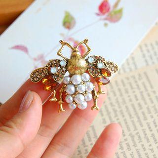 Faux Pearl Rhinestone Bug Brooch