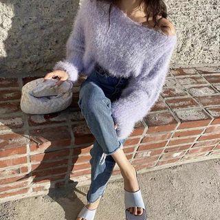 Long-sleeve Plain Mock Mink Cropped Sweater