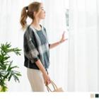 Drawstring Hem 3/4-sleeve Plaid Top