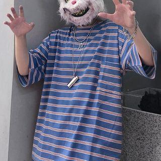 Striped Elbow-sleeve T-shirt Blue - One Size