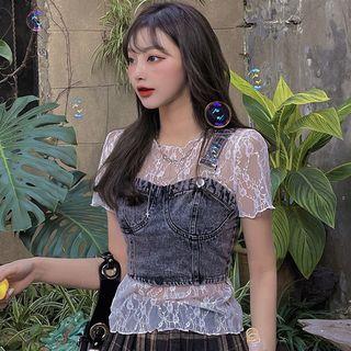 Short-sleeve Lace Top / Cropped Washed Denim Camisole Top