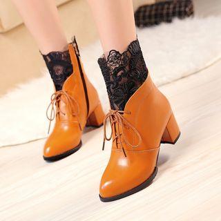 Lace Panel Block Heel Pointy Short Boots