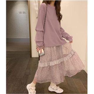 Floral Midi A-line Skirt / Back Slit Pullover