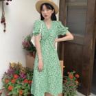 Puff-sleeve V-neck Ruched Floral Midi A-line Dress