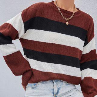 Color Panel Striped Long-sleeve Knit Sweater