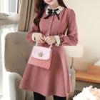 Contrast-collar Balloon-sleeve Flared Dress With Brooch