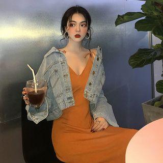 Cropped Denim Jacket / Spaghetti Strap Midi Dress