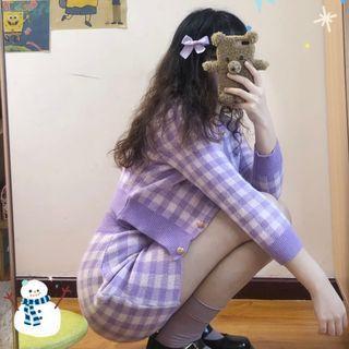 Long-sleeve Plaid Cardigan + Plaid Camisole + High-waist Plaid Skirt Set Of 3 - One Size
