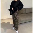 Plain Cable-knit Sweater / Leopard Wide-leg Pants