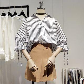Elbow-sleeve Tie-cuff Pinstriped Shirt