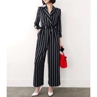 Notched-lapel Striped Jumpsuit With Belt Black - One Size