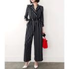 Notched-lapel Striped Jumpsuit With Belt Black - One Size