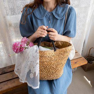 Puff-sleeve Half-placket Denim Dress