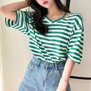 V-neck Cutout Striped Elbow-sleeve T-shirt