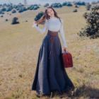 Set: Long-sleeve Mock-neck Knit Top + Maxi A-line Skirt