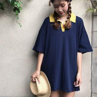 Contrast Collar Elbow-sleeve Long Polo Shirt