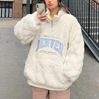 Letter Embroidered Fluffy Half-zip Sweatshirt