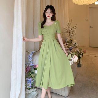 Short-sleeve Asymmetrical Faux Pearl Midi A-line Dress