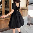 Bow-back Short-sleeve Plain Dress Black - One Size